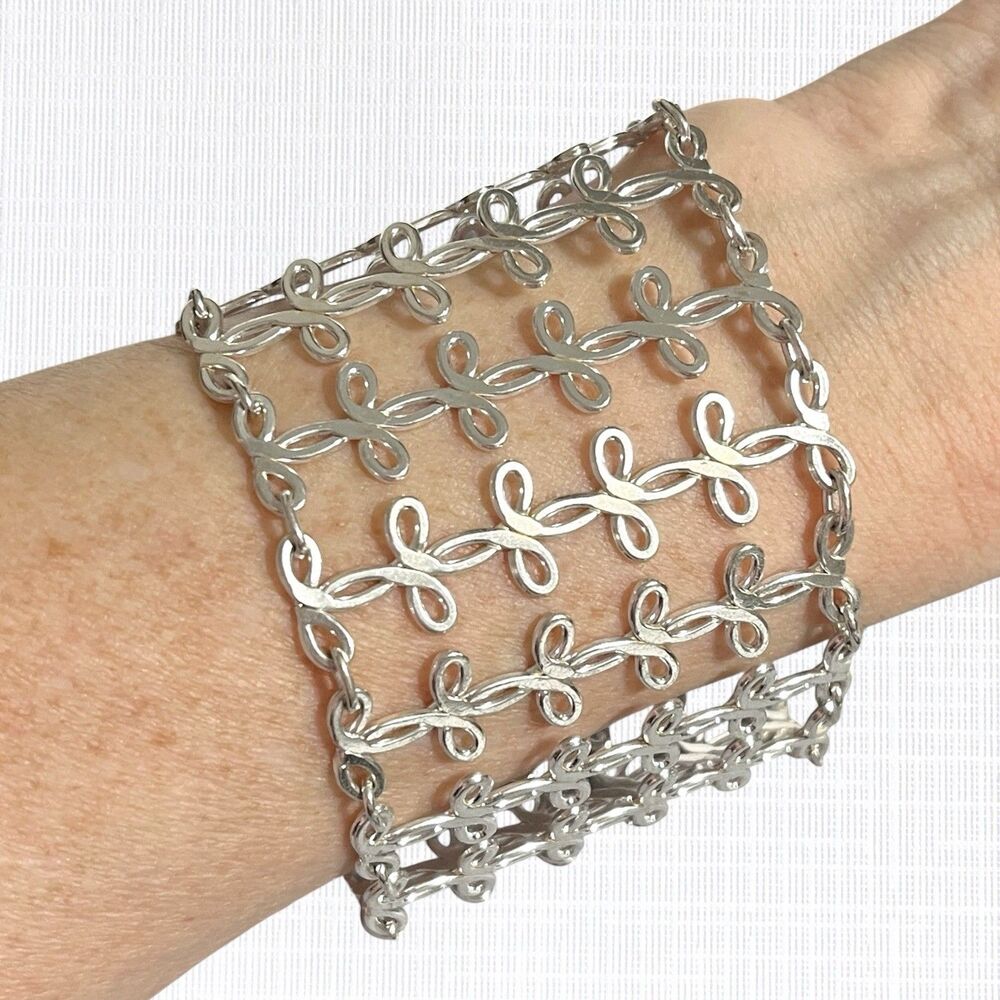 Vintage Chain Link Cuff Bracelet Silver Tone 2” Wide Lacy Metal Unique Jewelry
